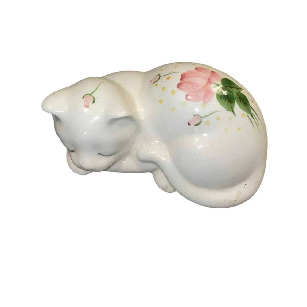 Vintage Lasting Products USA Ceramic Sleeping Cat Figurine w/ Hand Painted Roses